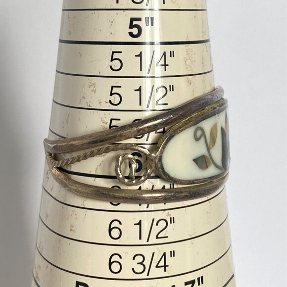 Vintage Alpaca Silver Cuff Bracelet Mother Of Pearl Abalone Inlay Floral Mexico - Picture 7 of 7